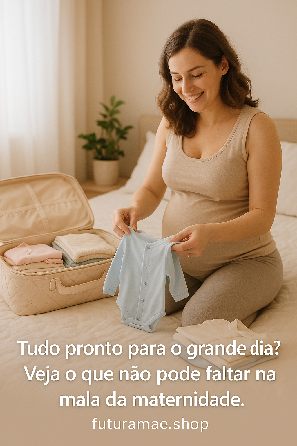 Mãe organizando a mala da maternidade com roupinhas de bebê