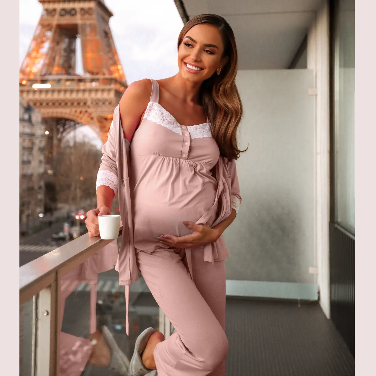 Pijama Malha 3 Peças(calça+blusa+robe) Com Renda Amamentar